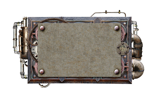 Vintage metallic frame with rivets, pipelines, pipe elbow. Isolated on white background. Mockup template. Copy space for text. Steampunk style decor with pipes. Industrial backdrop with old pipeline