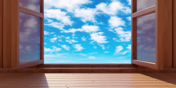 Empty wooden table, blue sky and clouds view out of open window. Template for product presentation. 3d render