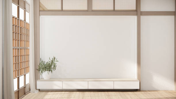 istock Minimal cabinet for tv interior wall mockup. 1491040240