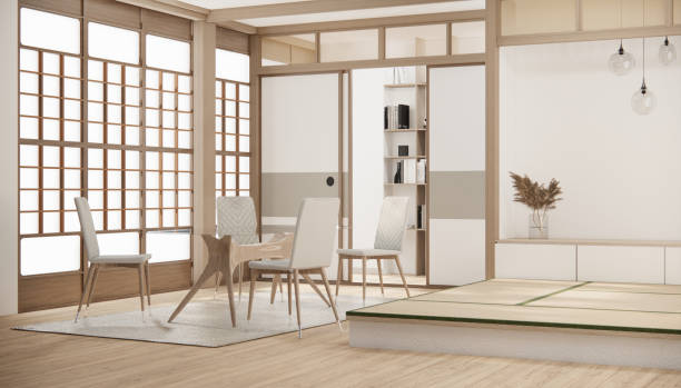 istock Modern japan style tiny room kitchen and dining table white wall wood floor. 1491041460