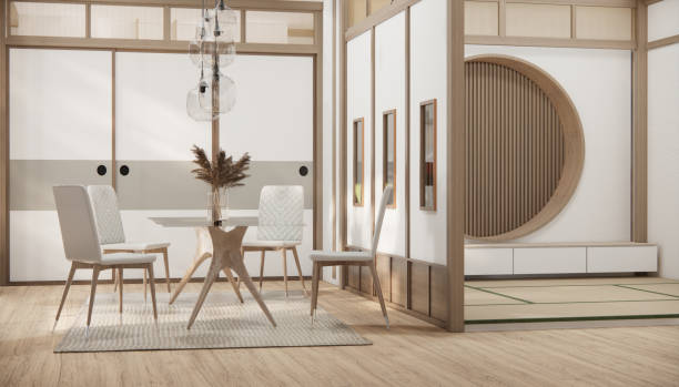 istock Modern japan style tiny room kitchen and dining table white wall wood floor. 1491041481