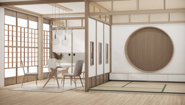 istock Modern japan style tiny room kitchen and dining table white wall wood floor. 1491041483