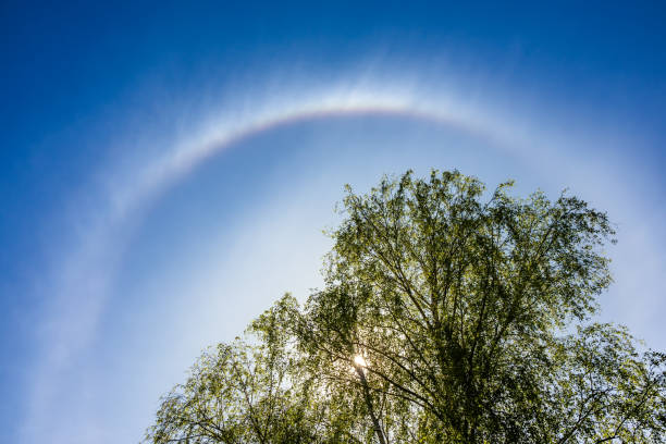 Halo - an optical phenomenon in the atmosphere, a bright colored ring around the Sun in the sky stock photo
