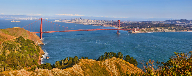 Image of Panoramic view of entire Golden Gate Bridge and San Francisco skyline