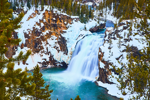 Image of Pine trees frame snowy cliffs and stunning blue waterfalls in Yellowstone