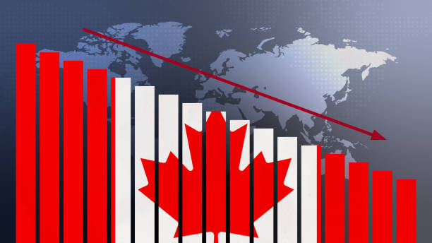 istock Canada flag on bar chart concept with decreasing values, concept of economic crisis, politics conflicts, war concept with flag 1491042546