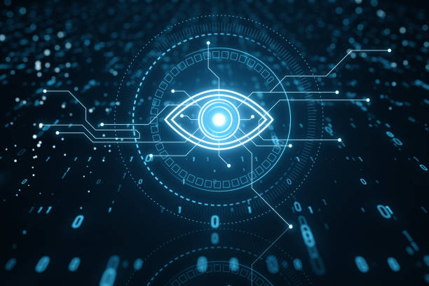 Illustration of digital eye neon style on dark blue background, computer vision and hightech future technology concept. 3D Rendering stock photo