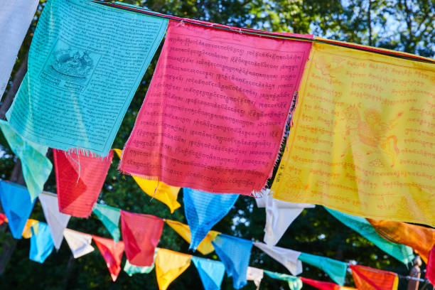 istock Rows of vibrant prayer flags for Tibetan Mongolian Buddhist shrine 1491044301
