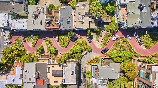 Image of San Francisco view from above of Lombard Street winding brick road