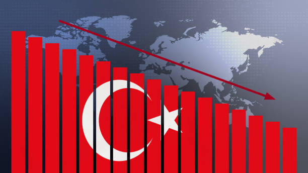 istock Turkey flag on bar chart concept with decreasing values, concept of economic crisis, politics conflicts, war concept with flag 1491044426