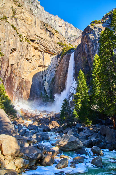 istock Small rainbow by frosted Yosemite Lower Falls in early April 1491045620