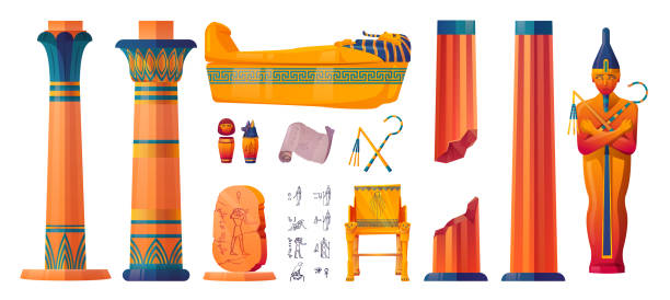 이집트 사원 내부 요소의 만화 세트 - panoramic antiquities architectural feature architectural styles stock illustrations