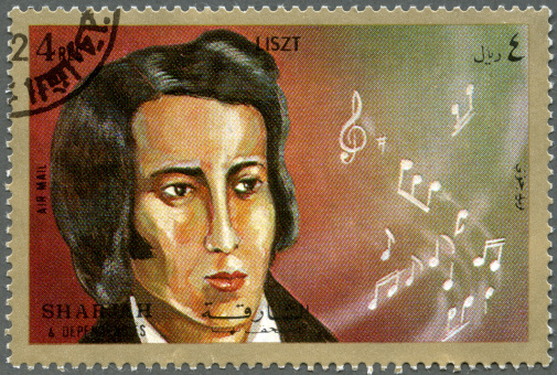 Postage stamp printed in Shiarjah & Dependencies shows Franz Liszt (1811-1886), circa 1972