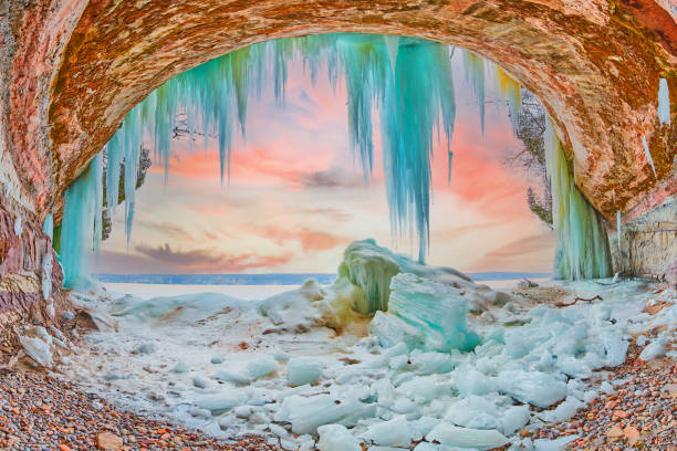 istock Stunning ice cave on Lake Michigan during sunrise with large blue icicles 1491047166