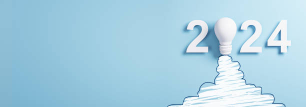 istock Abstract 2024 year sketch with white light bulb on wide blue background with mock up place. Hand drawing and new year concept. 3D Rendering. 1491047430