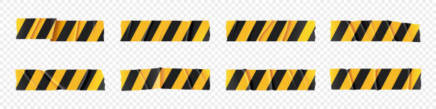 Yellow warning caution tape line wrinkled ribbon Yellow police warning caution tape for danger crime barrier vector set. Wrinkled security line ribbon. Torn realistic safety cordon band. Forbidden zone isolated label on transparent background. damaged fence stock illustrations
