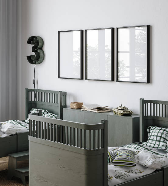 istock Frame mockup in boys room in military style room interior 1491047631