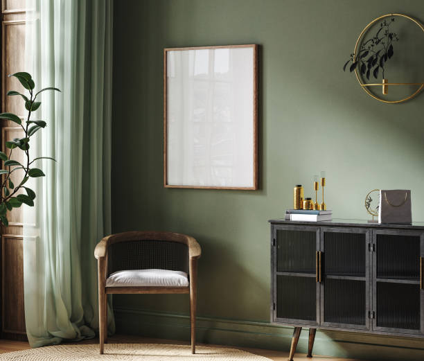 istock Poster frame mock-up in home interior background with commode, chair and decor in living room 1491047671