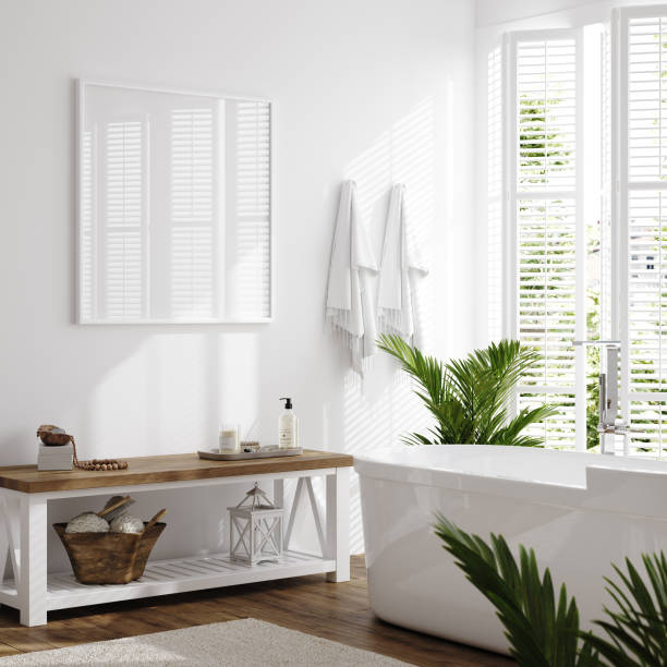 istock Poster frame mockup in white cozy bathroom interior background 1491047694