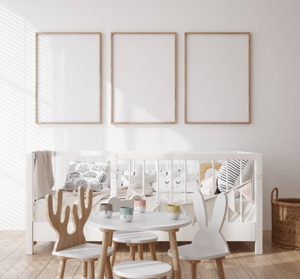 istock Mock up poster frame in white cozy children room interior background 1491047705