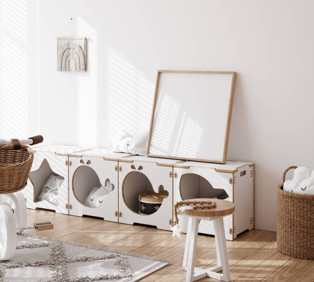 istock Mock up poster frame in white cozy children room interior background 1491047715