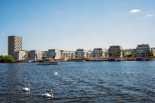 view from havel river to modern residential district in the Wasserstadt in Berlin at sunny day