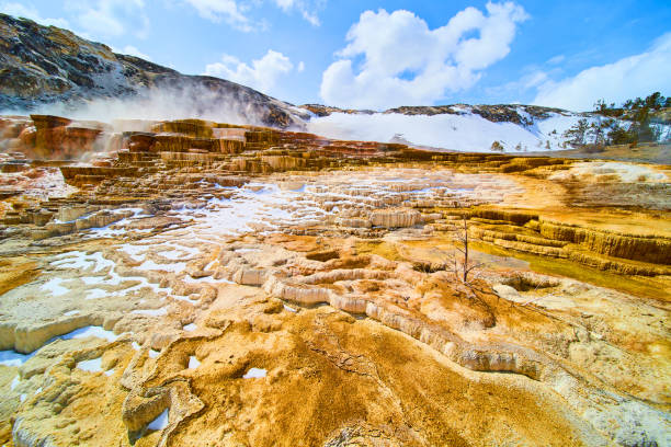 istock Stunning Yellowstone terraces with endless layers, snow, and sulfur steam 1491048085