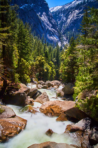 Image of Stunning Yosemite valley mountains with cascading river and vibrant forests