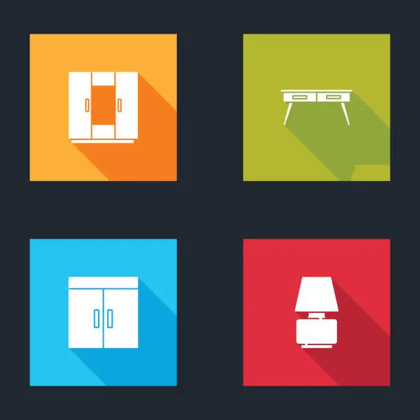 Vector illustration of Set Wardrobe, Office desk, and Table lamp icon. Vector