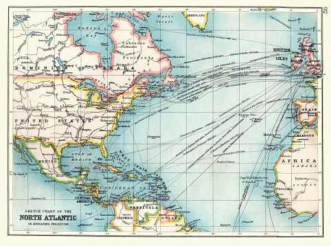 Vintage illustration Old Sketch chart of the North Atlantic on Mercator projection, Shipping routes, Europe, North and South America, 1890s, 19th Century