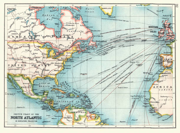 Old Sketch chart of the North Atlantic on Mercator projection, Shipping routes, Europe, North and South America, 1890s, 19th Century Vintage illustration Old Sketch chart of the North Atlantic on Mercator projection, Shipping routes, Europe, North and South America, 1890s, 19th Century atlantic ocean stock illustrations