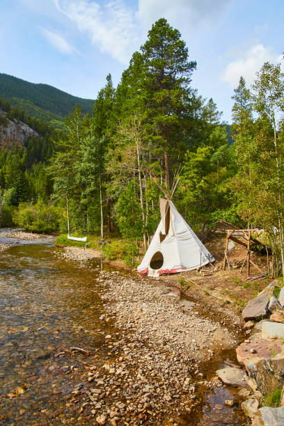 istock Old Indian tent next to river in mountains 1491050407