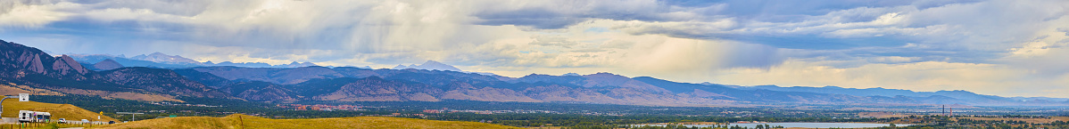Image of Panorama of giant mountain range with rain clouds