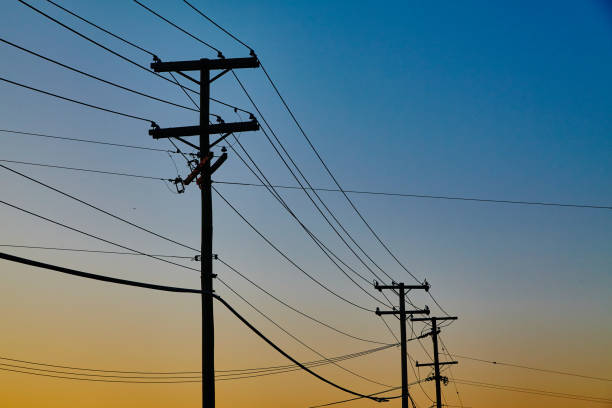 istock Power lines extend into the distance, silhouetted by the orange setting sun 1491052307