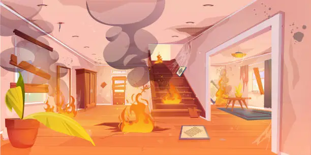 Vector illustration of Burning fire inside home. Accident scene