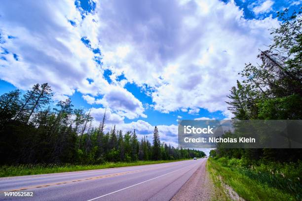 Traveling View Of Road From Side With Pine Trees And Cloudy Sky Stock Photo - Download Image Now