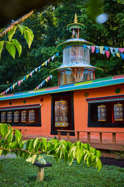 istock View through the leaves of large shrine with prayer wheels 1491054357
