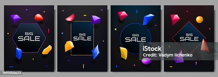 istock Vector illustrations. Sale banner. Dynamic abstract colorful backgrounds set. Gradient 3d geometric shapes. Design elements for web templates, posters, covers, magazines, discount cards, layouts 1491055623