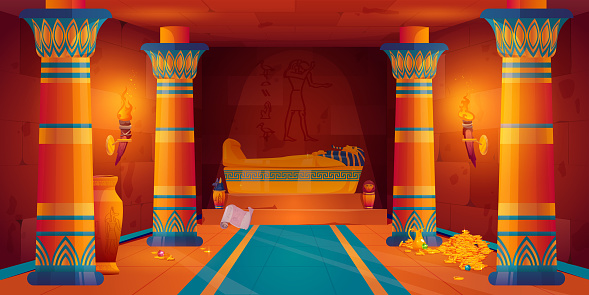 Egyptian pharaoh tomb inside. Ancient pyramid or palace with sarcophagus and treasure of piles of gold coins. Old Egypt temple interior with mummy tomb, vector cartoon illustration