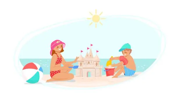 Vector illustration of Little girl and boy play on the beach on sunny day. Children in panama and cap build sand castle with  scoop and bucket. Vector illustration of family holiday at the sea.