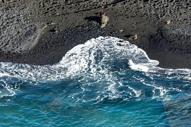 aerial of black volcanic beach in Lanzarote