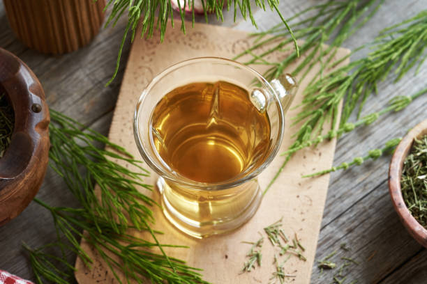 istock Horsetail tea in a glass cup 1491069336
