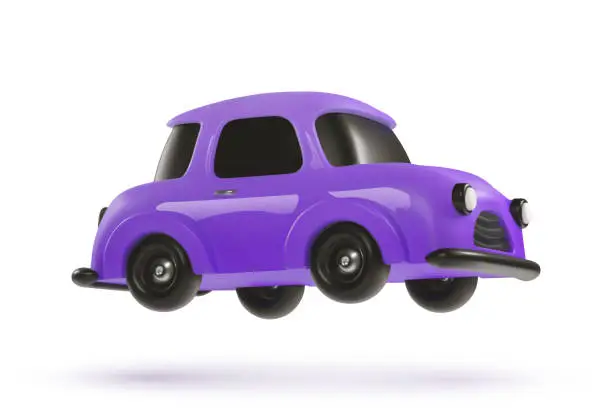 Vector illustration of 3d cartoon toy car purple color vector design element on the light background. Kids vehicle. Baby transport mode