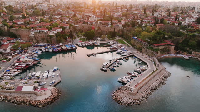 Aerial view of Antalya Kaleici city, aerial view of antalya castle, antalya city view, antalya city center at sunrise, turkey's holiday destination, the most touristic place in the world, old city of antalya, aerial view of antalya marina