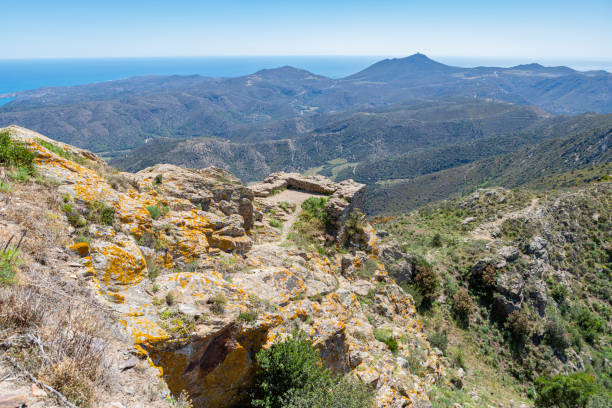 Gof de Roses from Castell de Verdera. Catalonian mediterranean coast. Costa Brava from Gerona. \nDay with Tramontane winds