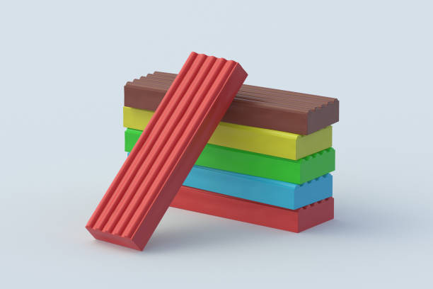 istock Stack of colorful plasticine bricks on gray background. Modeling clay. Toy for kids. Preschool education. 3d render 1491081063