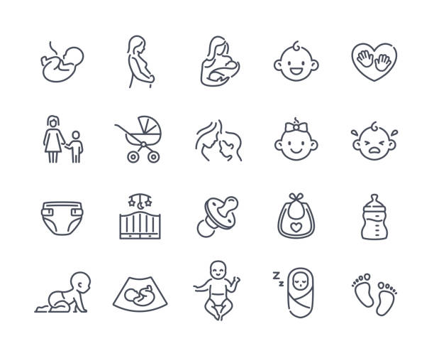 ilustraciones, imágenes clip art, dibujos animados e iconos de stock de conjunto de iconos de maternidad - baby icons