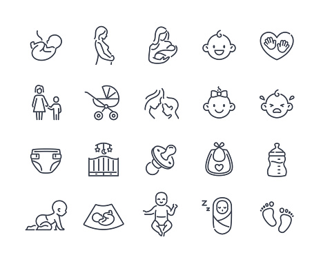 Maternity icons set. Boy, girl, pregnant woman and stroller. Parenthood and childhood. Pacifier, diaper and milk bottle. Newborn in towel and lullaby. Linear flat vector collection isolated on white