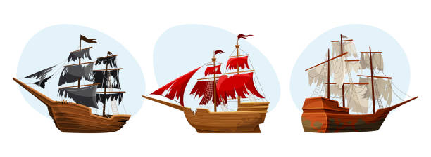 ilustrações de stock, clip art, desenhos animados e ícones de pirate ships set - antique ship