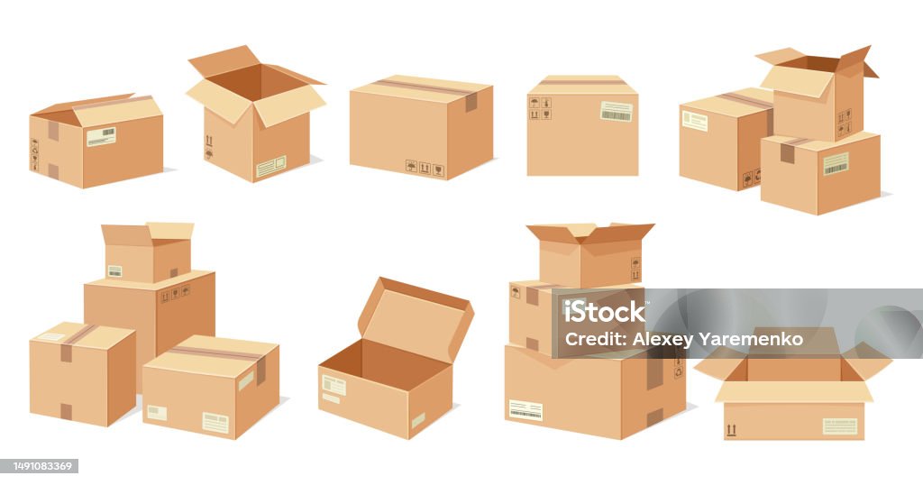 Cardboard boxes set Cardboard boxes set. Collection of packages for transporting goods. Shipping and transportation. Delivery of parcels or postal service. Cartoon flat vector illustrations isolated on white background Box - Container stock vector Cardboard boxes set Cardboard boxes set. Collection of packages for transporting goods. Shipping and transportation. Delivery of parcels or postal service. Cartoon flat vector illustrations isolated on white background Box - Container stock vector